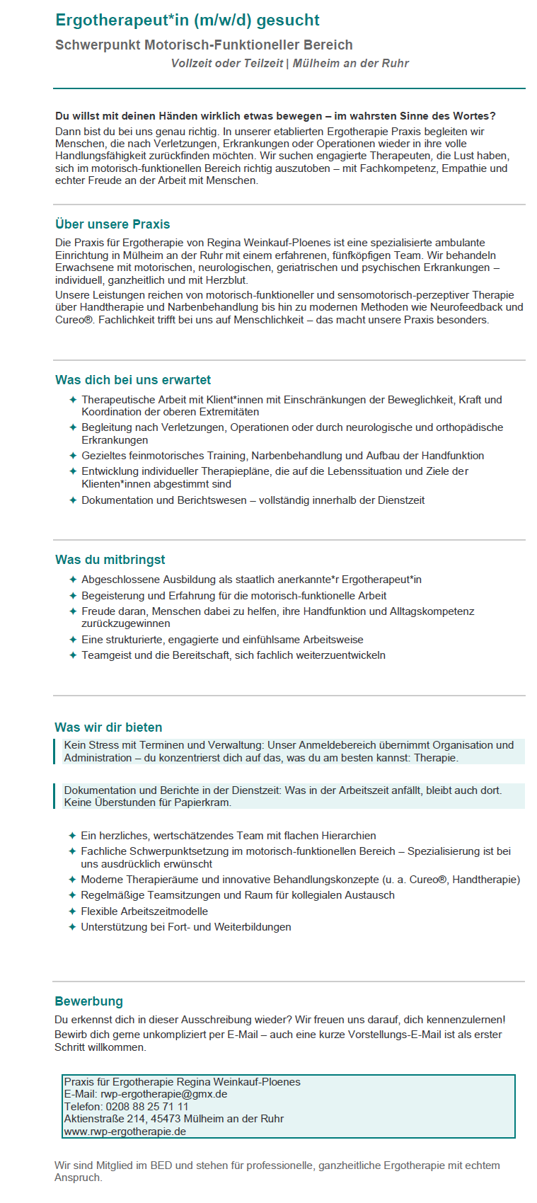Ergotherapeut*in (m/w/d) gesucht, Schwerpunkt Motorisch-Funktioneller Bereich, Vollzeit oder Teilzeit, M&uuml;lheim an der Ruhr, Praxis f&uuml;r Ergotherapie Regina Weinkauf-Ploenes